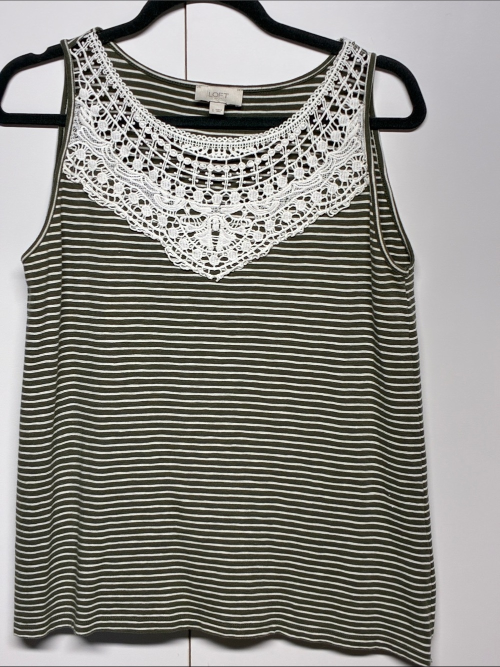 LOFT Olive and White Striped Tank with White Crochet Yoke